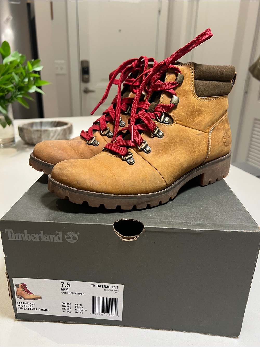 Timberland Ellendale Wheat Hiking Boots with Red Laces
